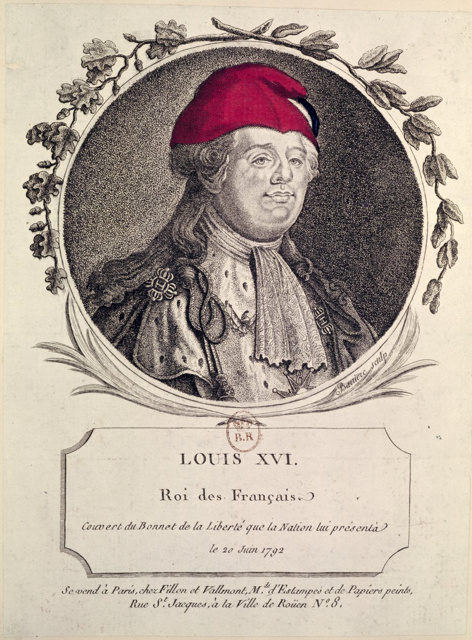 Louis XVI (1754-93) iført en frygisk panser presentert for ham av nasjonen, 20. juni 1792 av French School