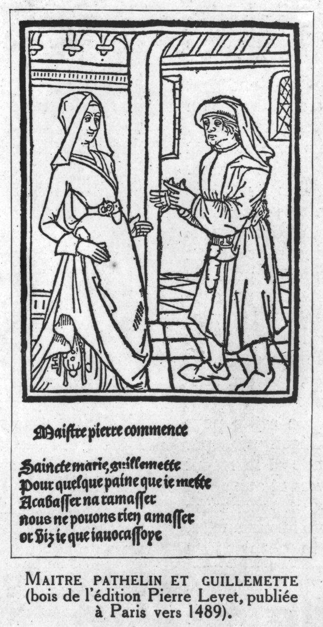 Maitre Pathelin og Guillemette, illustrasjon fra 'The Farce of Master Pathelin', ca. 1489 av French School