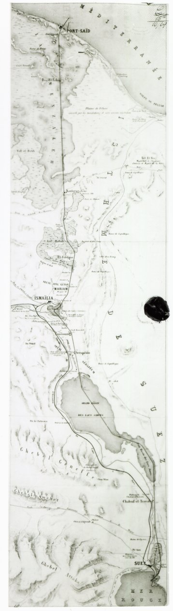Kart over Suez-kanalen, ca. 1869 av French School