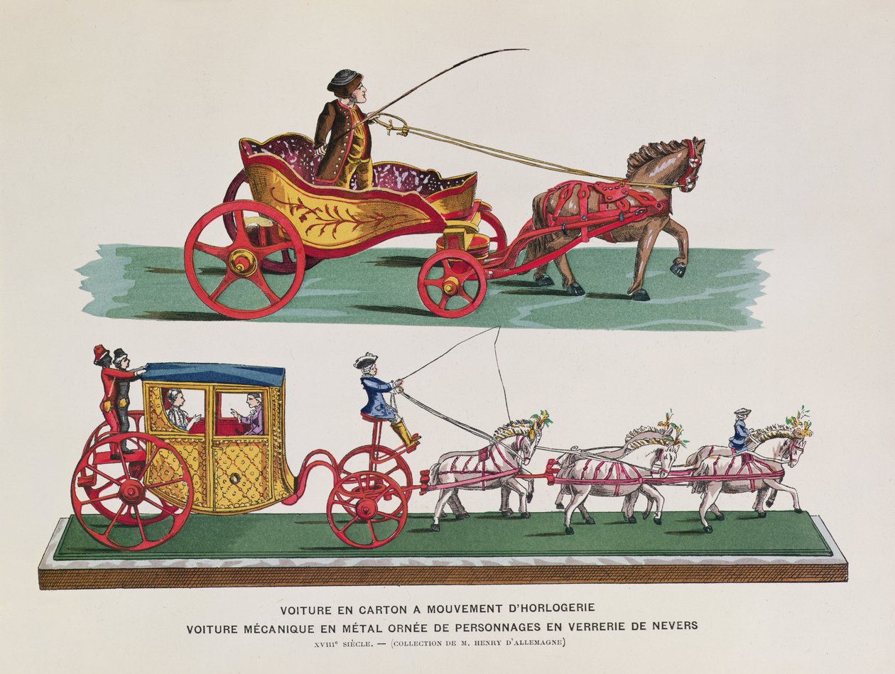 Mekanisk vogn, figurer og hester fra Histoire des Jouets av Henri dAllemagne av French School