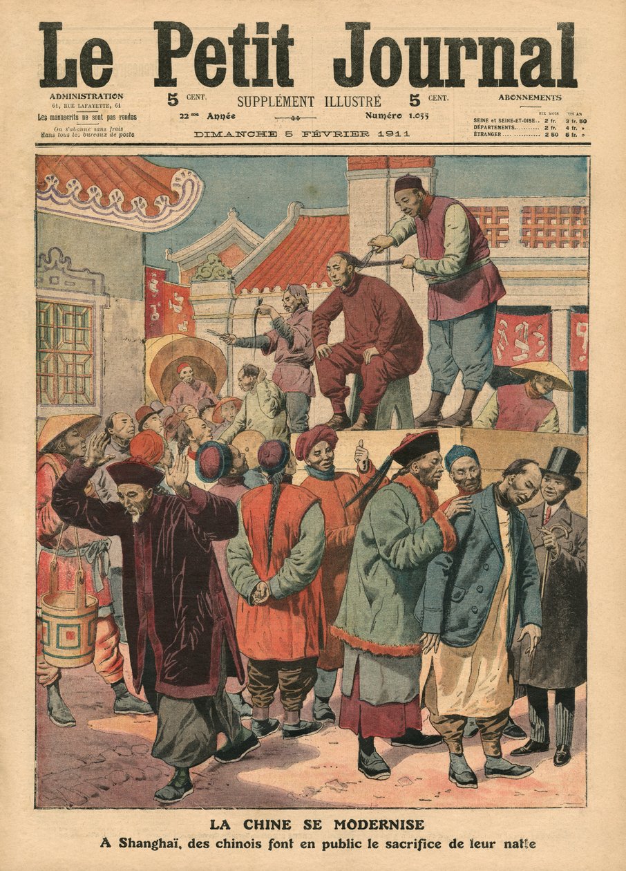 Modernisering av Kina, kinesere som får pigtailen kuttet i Shanghai, illustrasjon fra 