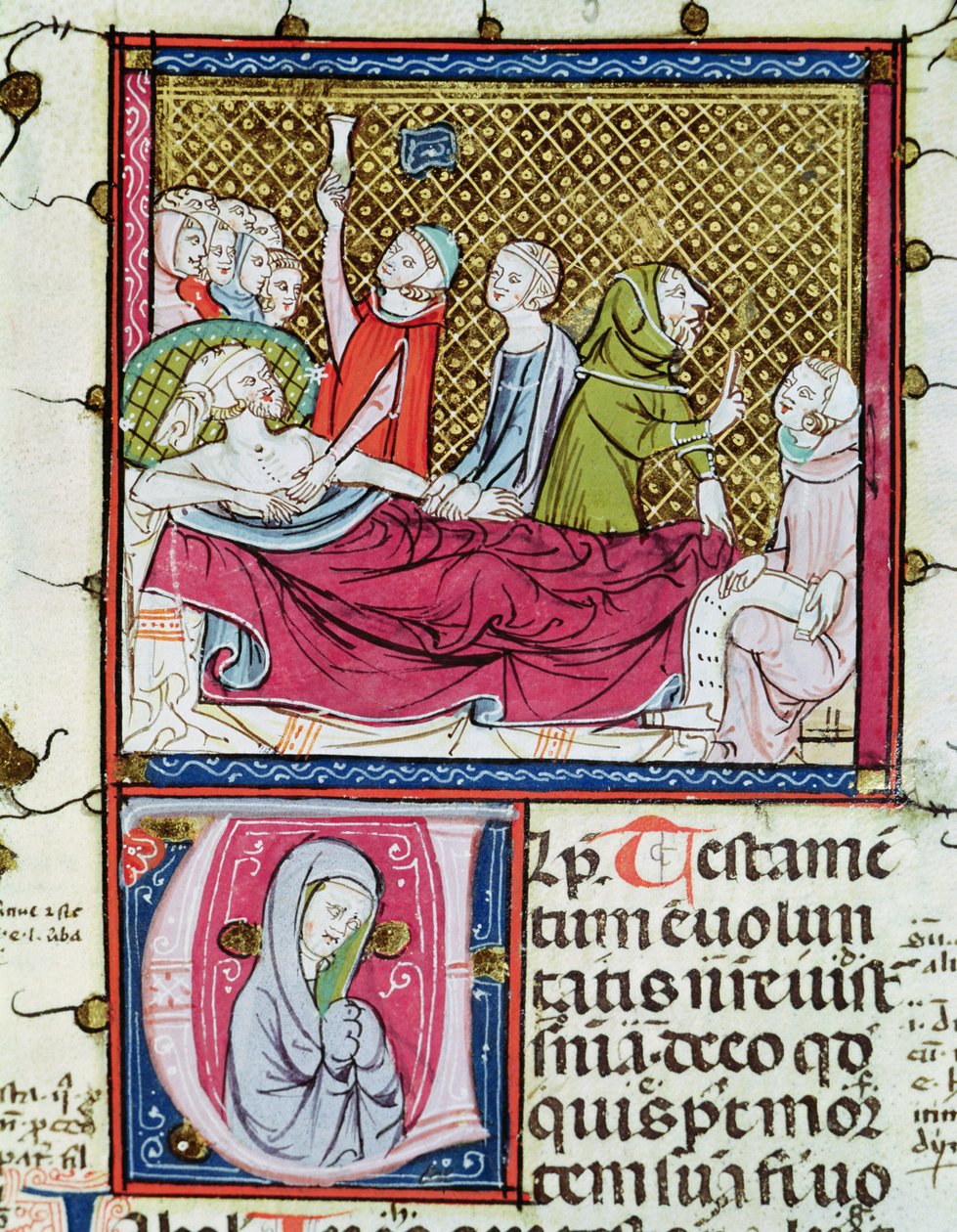Ms 3076 fol.56r Døende mann omringet av leger og familie, dikterer hans testamente, fra 