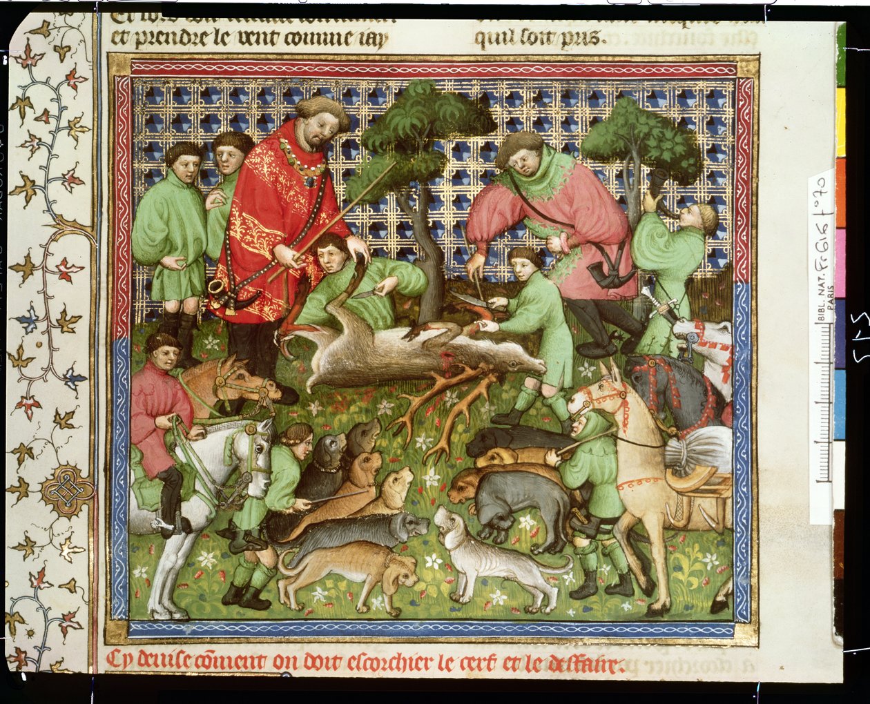 Fr 616 fol.70 Å skjære opp en død hjort, fra Livre de la Chasse av Gaston Phebus de Foix (1331-91) av French School