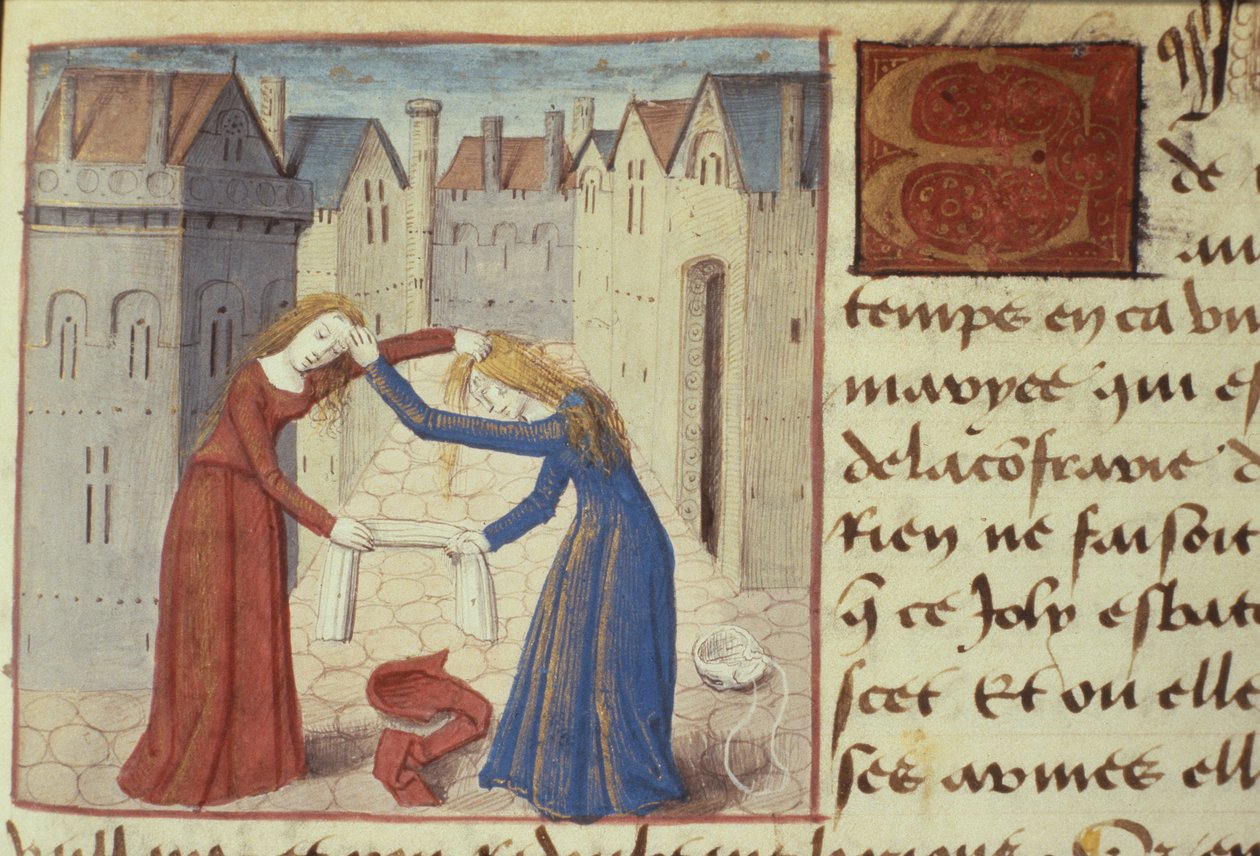 Ms Hunter 252 f.186r To kvinner som kjemper, fra Les Cent Nouvelles Nouvelles, 1462 av French School