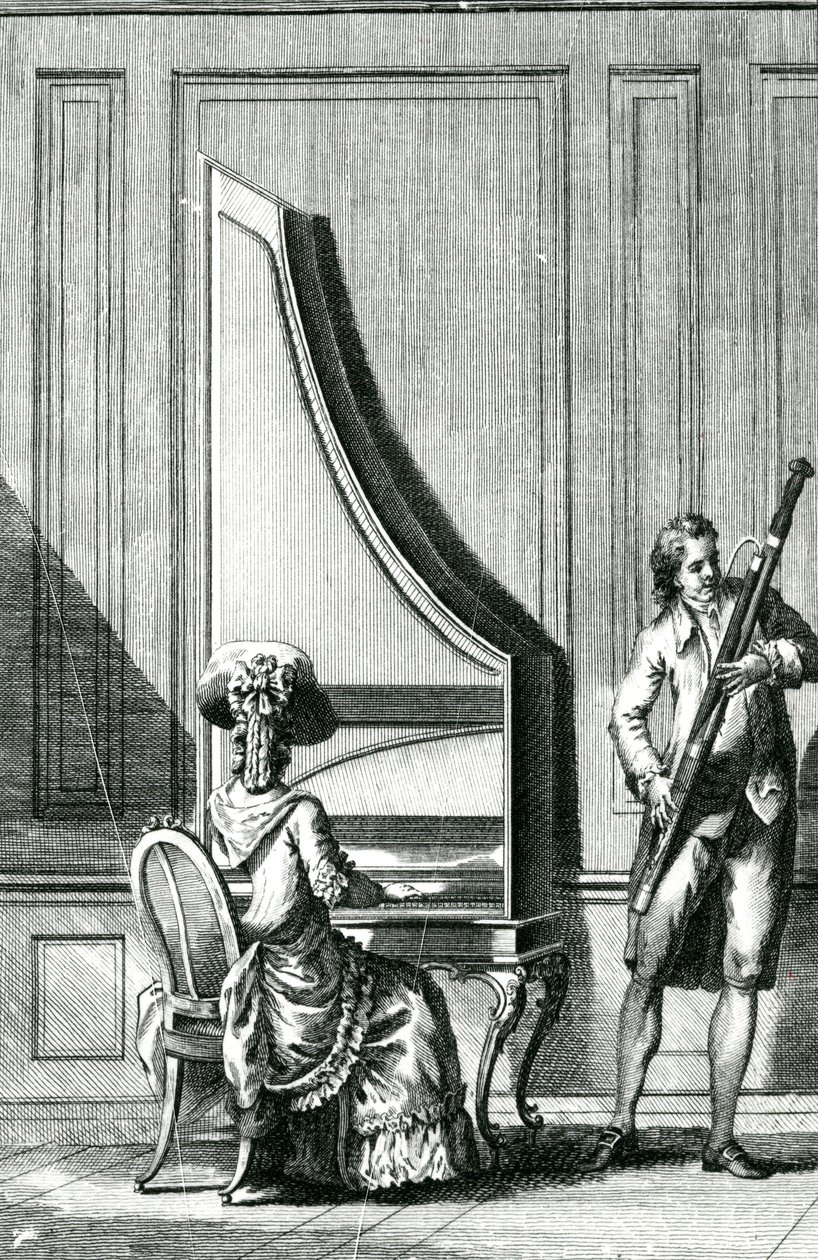 Musikere som spiller en oppreist clavicord og en fagott av French School
