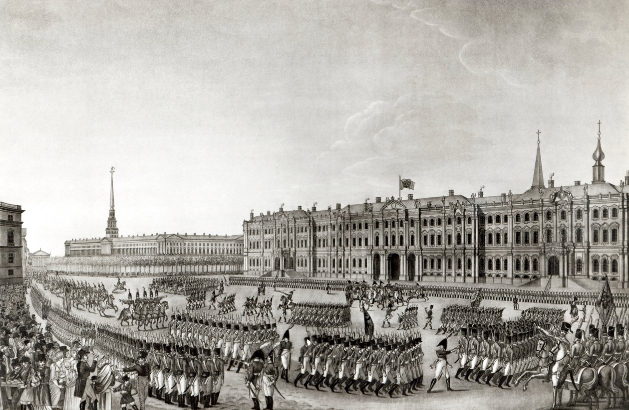 Parade foran det keiserlige palass, St.Petersburg, 1812 av French School