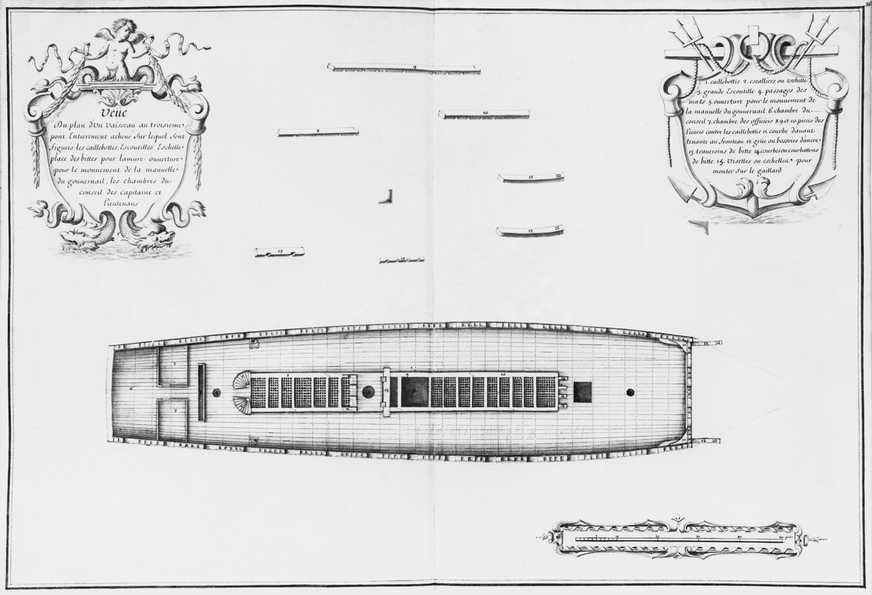 Plan over et fartøy med et helt ferdig tredje dekk, illustrasjon fra 