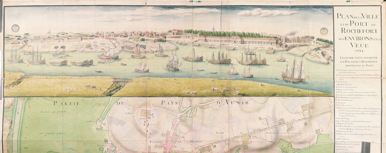 Plan for byen og havnen i Rochefort, 1724 av French School