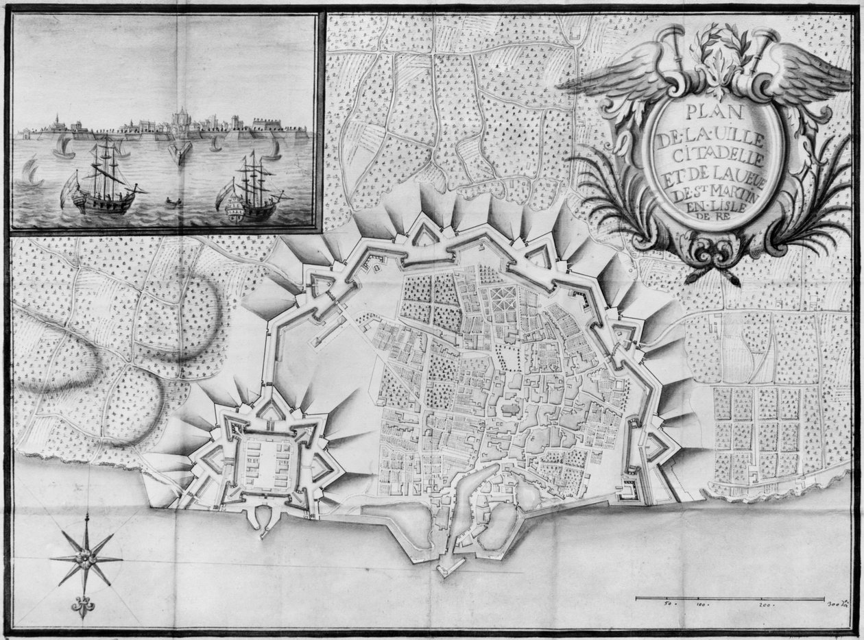 Plan over byen og citadellet Saint-Martin-de-Re, Ile de Re (blyant og wc på papir) av French School