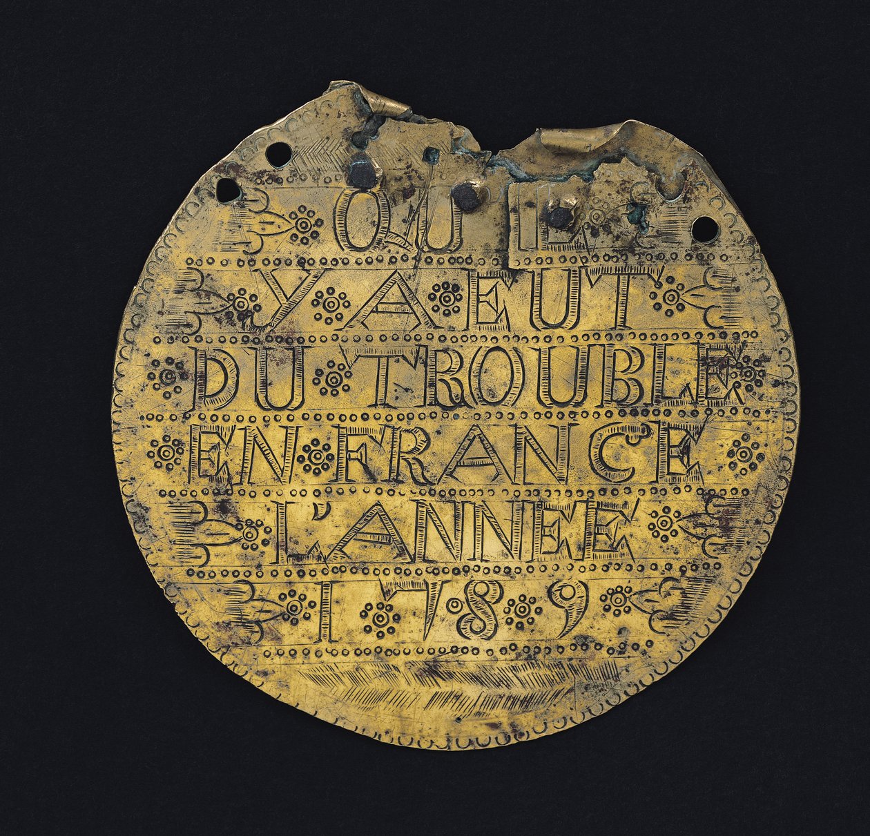 Plakett med uttrykket "At det var problemer i Frankrike i år 1789" (messing) av French School