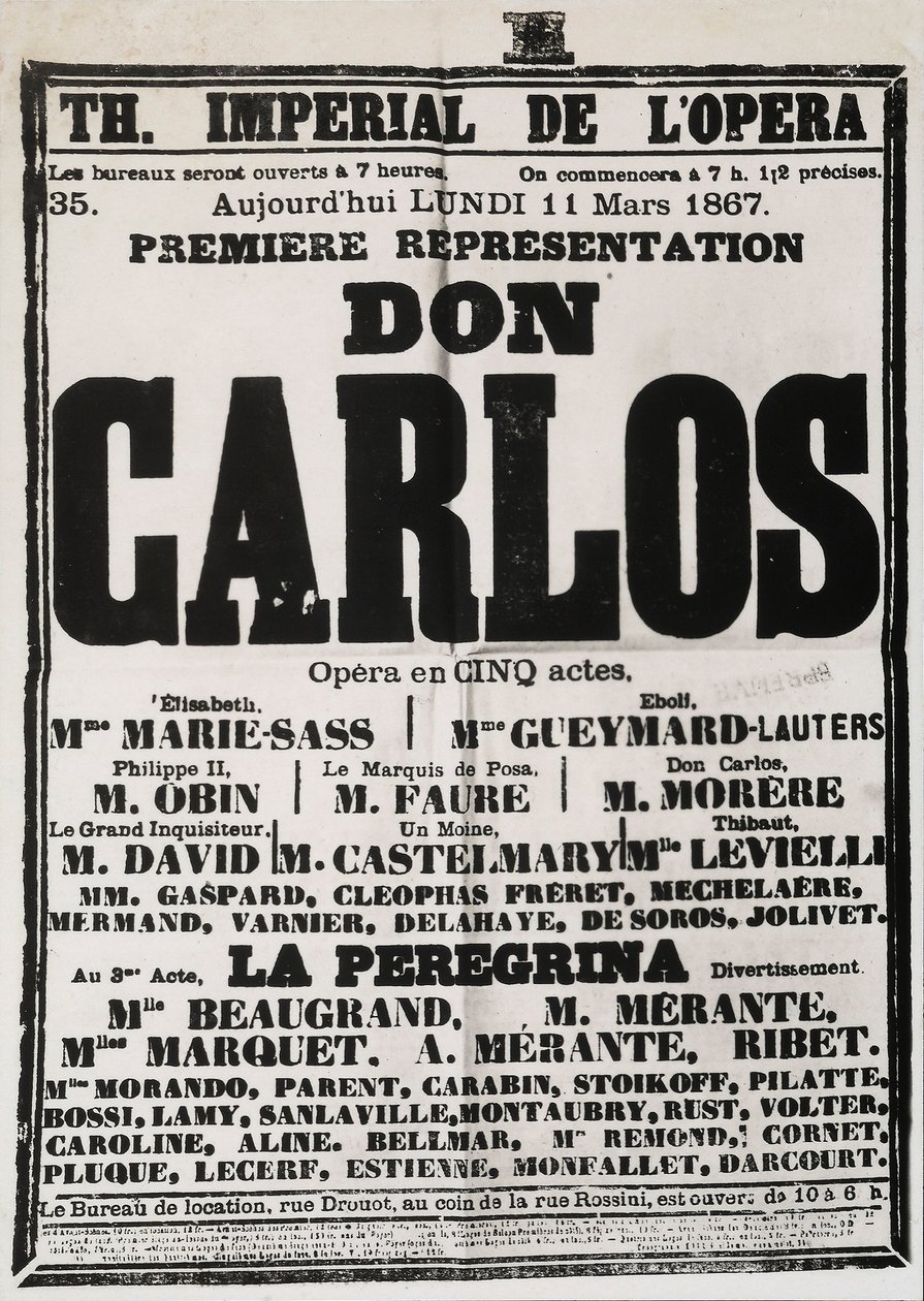 Plakat som annonserer den første forestillingen til Don Carlos på Theatre Imperial de lOpera, Paris, 1867 av French School