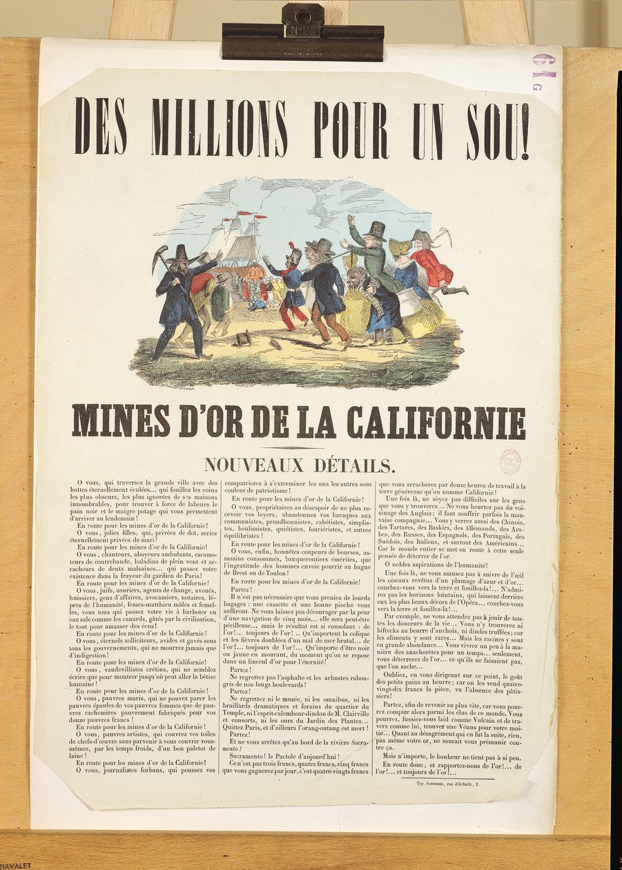 Plakat som reklamerer for gullgruvene i California (fargegravering) av French School