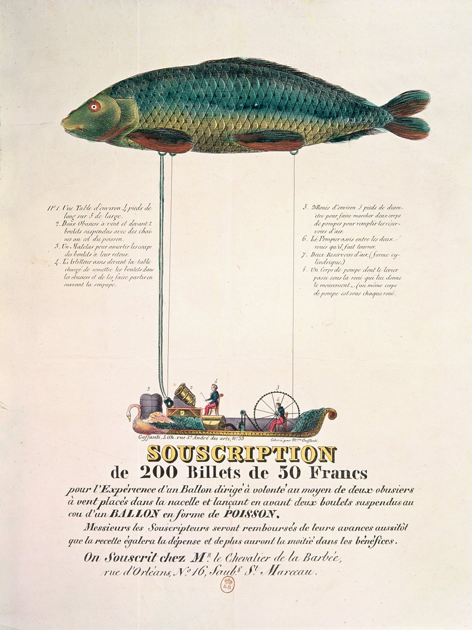 Plakat som reklamerer for abonnementet på en styrbar ballong i form av en fisk av French School