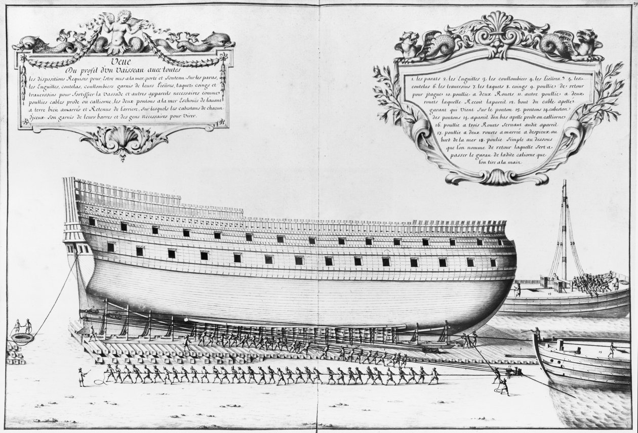 Profil av et fartøy som gjør seg klar til sjøsetting, illustrasjon fra 'Atlas de Colbert', plate 29 (blyant og wc på papir) av French School