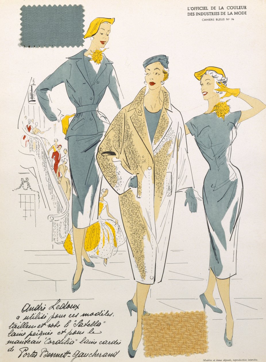 Skisser og stoffprøver, fra "The official color of the fashion industries" av French School
