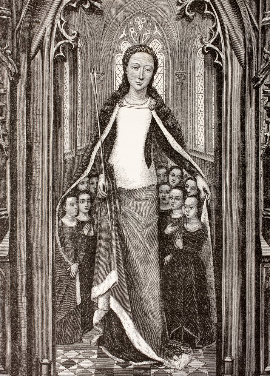St. Ursula holder en pil, symbolet på hennes martyrium, og beskytter jomfruer under kappen hennes, fra 