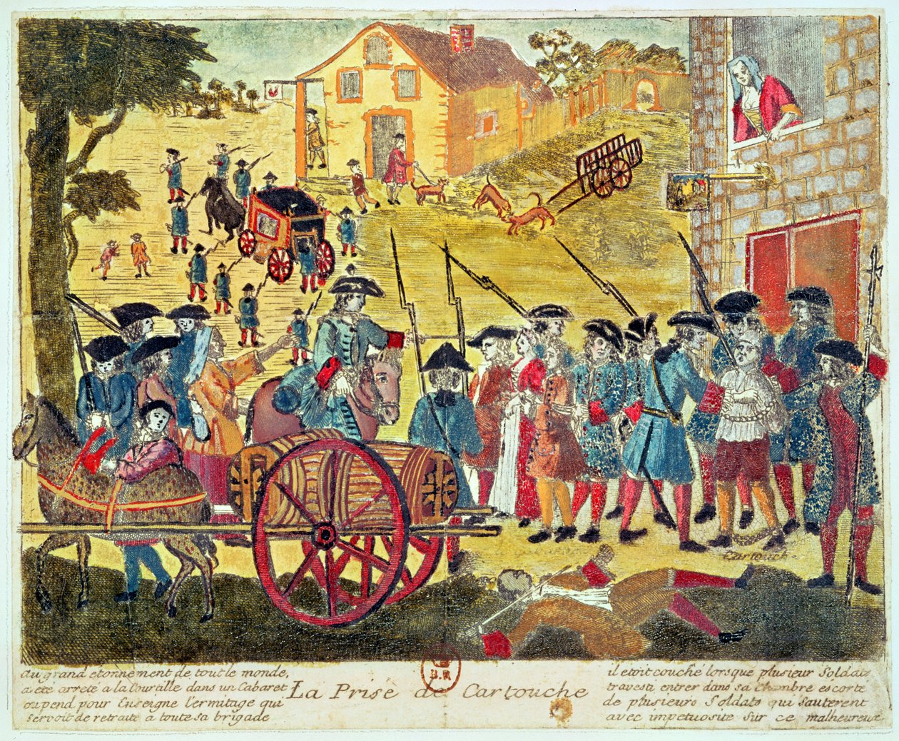 Arrestasjonen av Louis Dominique Cartouche (1693-1721) (gravering og wc på papir) av French School