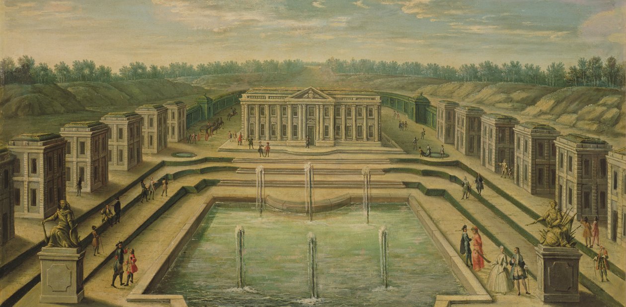 Chateau og paviljonger i Marly fra hageperspektivet, tidlig på det attende århundre av French School