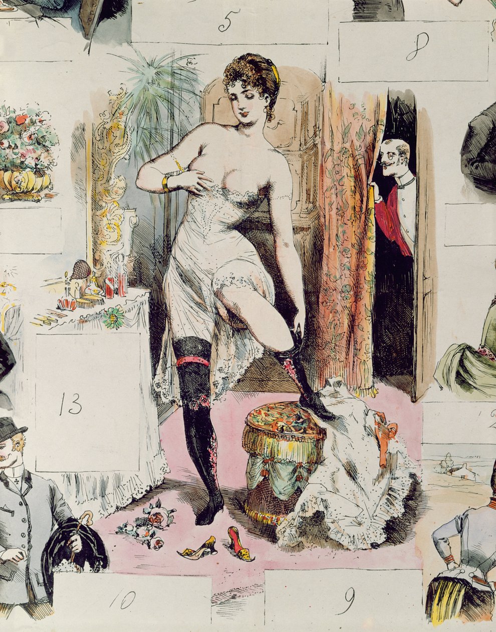 Korsettet, illustrasjon fra La Vie Parisienne, ca. 1875 (fargegravering) av French School