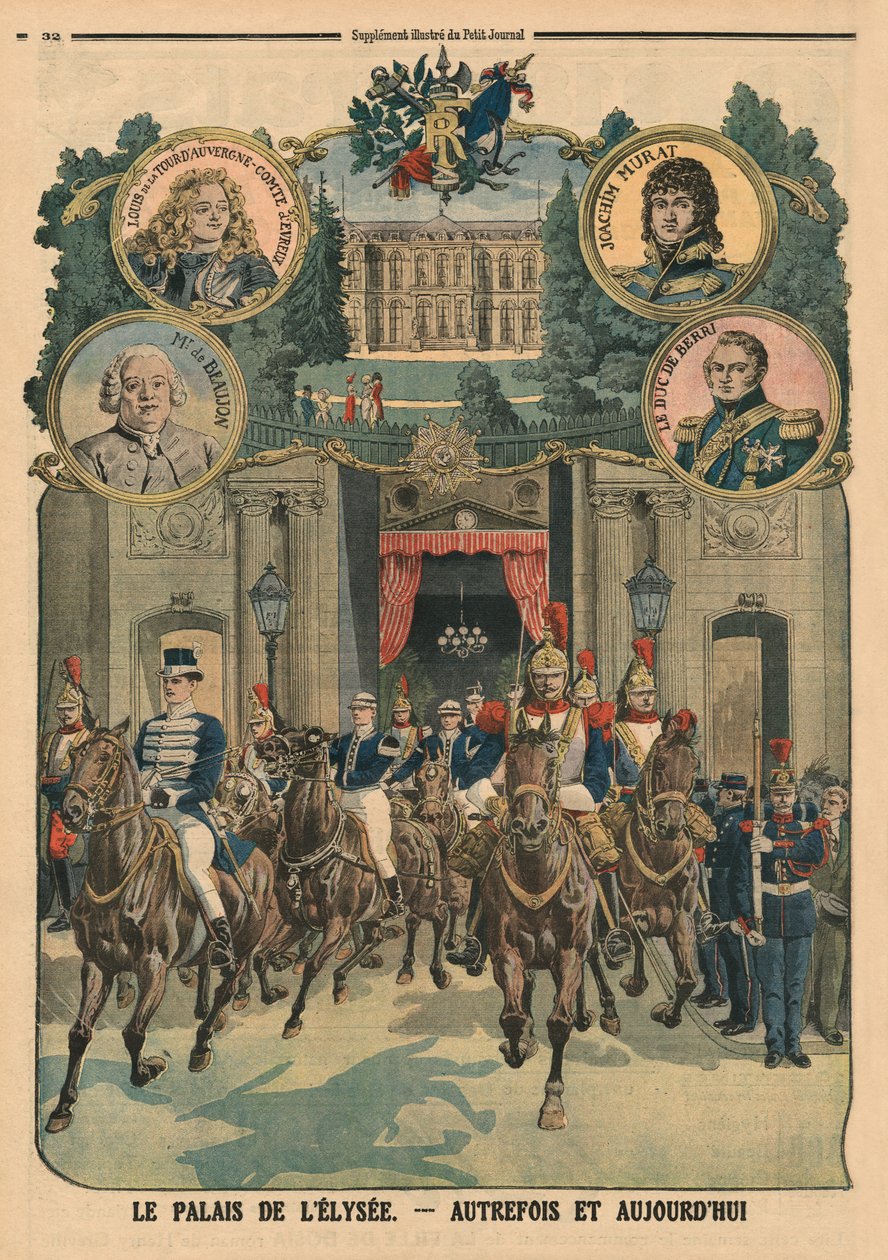 Elysee-palasset, tidligere og i dag, baksideillustrasjon fra 'Le Petit Journal', 26. januar 1913 av French School