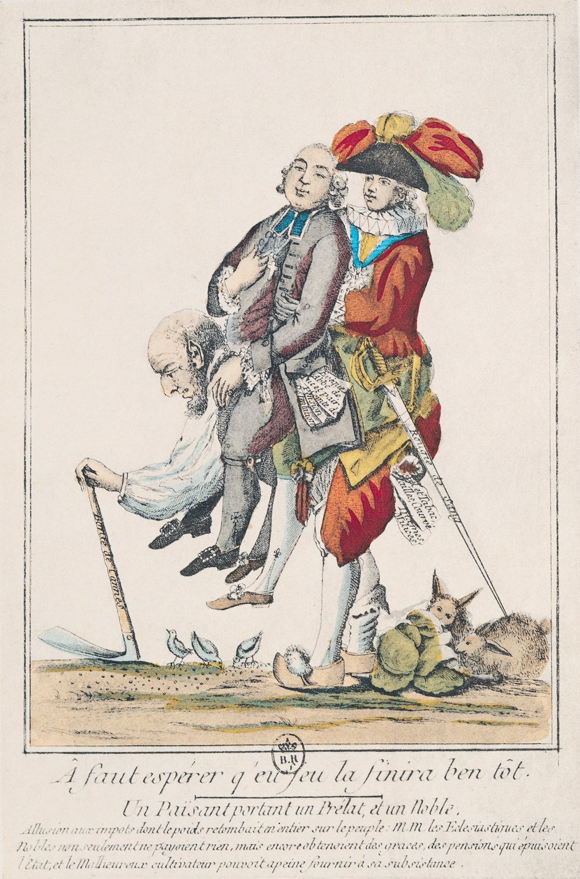 Spillet må snart slutte, en bonde som bærer en prest og en adelsmann, 1789 (se også 158273) av French School