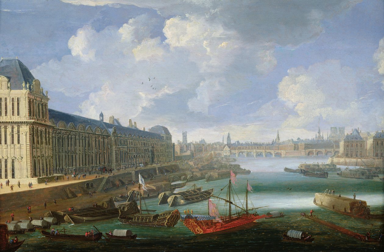 Seinen sett mot Pont-Neuf, Louvre og College Mazarin, ca. 1675 av French School