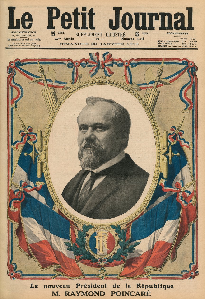 Den nye presidenten i den franske republikk, Raymond Poincare, illustrasjon på forsiden fra 'Le Petit Journal', tilleggsillustre, 26. januar 1913 av French School