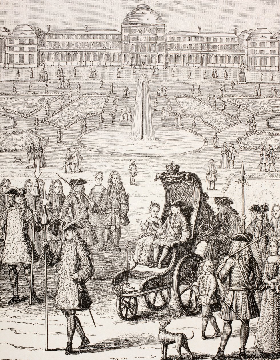 Den unge kong Louis XV promenerer i en vogn i Tuileries-hagene, Paris, fra 