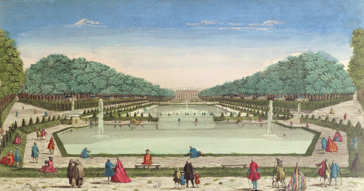 Utsikt over hagen og Chateau of Marly (fargegravering) av French School