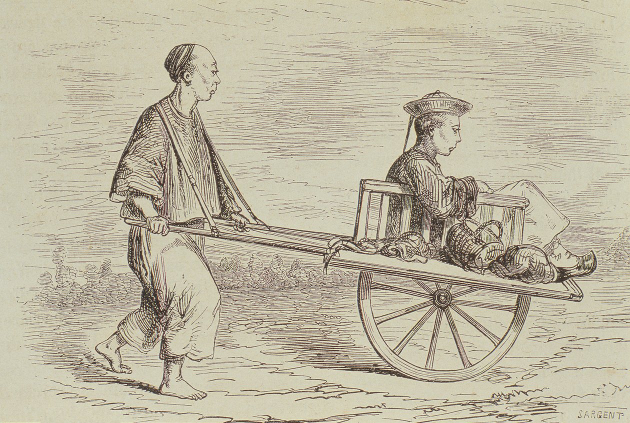 Trillebårtaxi på 1850-tallet, Kina, gravert av Alfred Louis Sargent (f.1828) fra 