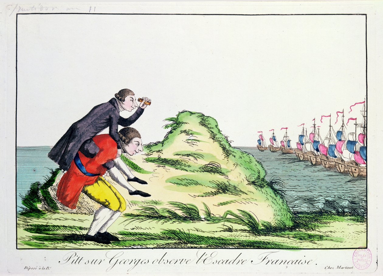 William Pitt den yngre (1759-1806) rider på ryggen til George III (1738-1820) Observerer den franske skvadronen, 1803 av French School