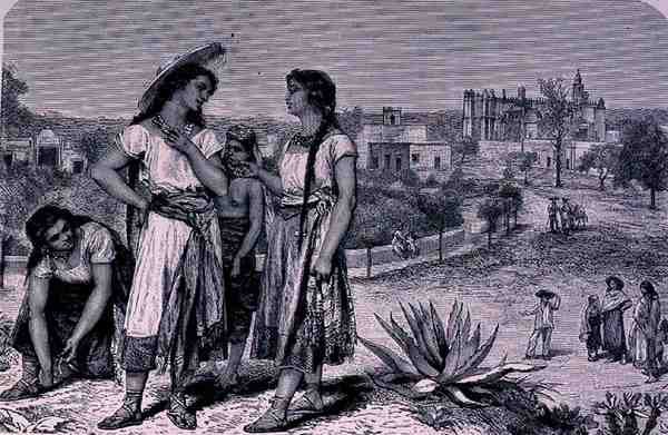 Young Girls of Tula, fra The Ancient Cities of the New World, av Claude-Joseph-Desire Charnay, pub. 1887 av French School
