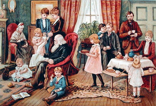 En familie tar te, ca. 1900 (farge litho) av French School
