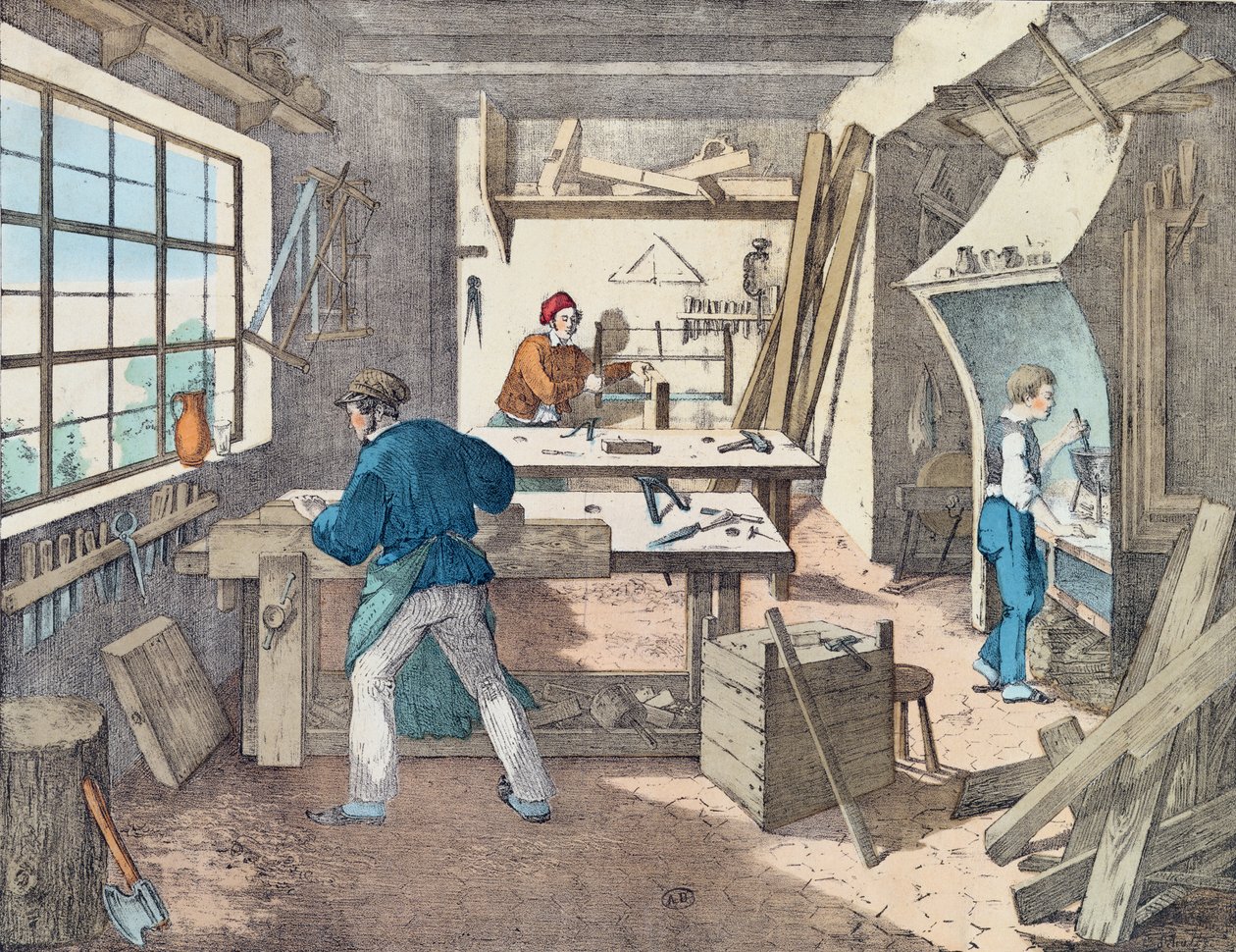 Snekkerverksted, ca. 1860 av French School