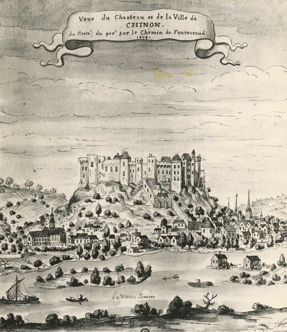 Slottet og byen Chinon av French School