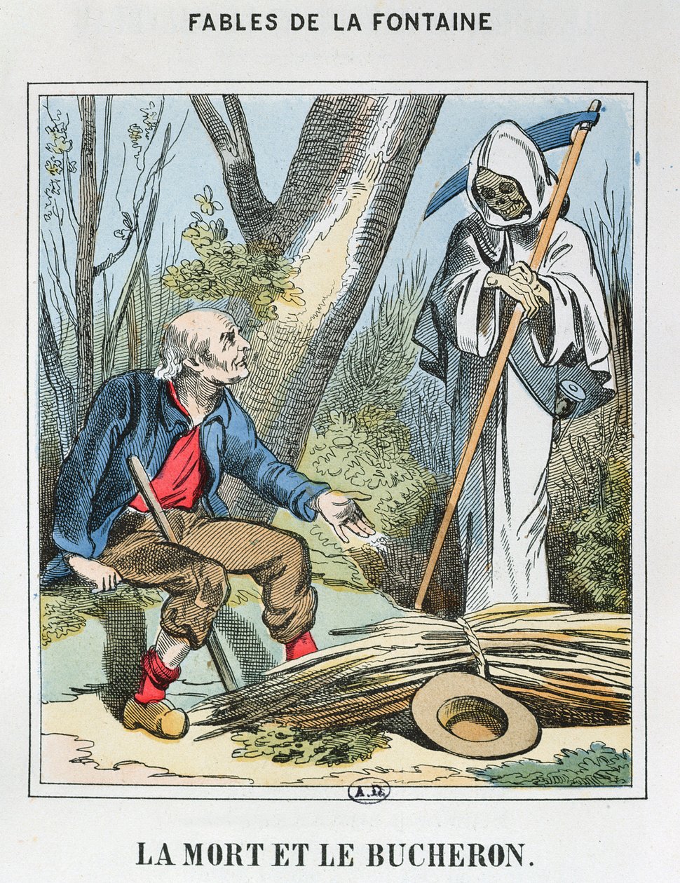 Death and the Woodman (farget gravering) av French School
