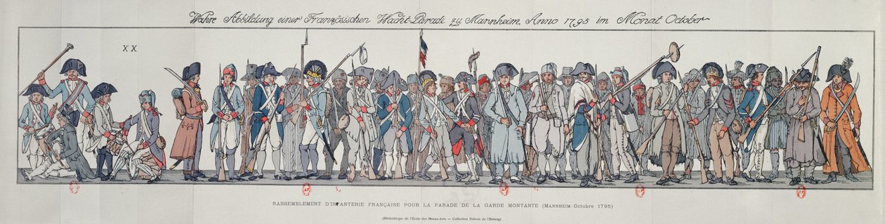 Franske soldater i Tyskland, 1795 (fargegravering) av French School