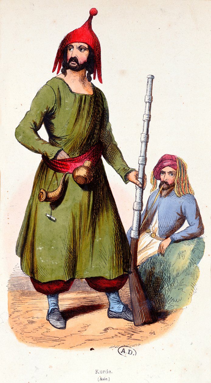 Kurdiske krigere, ca. 1840 (fargegravering) av French School