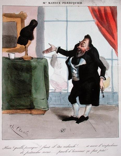Monsieur Mayeux, parykkmakeren, ca. 1840 (farge litho) av French School