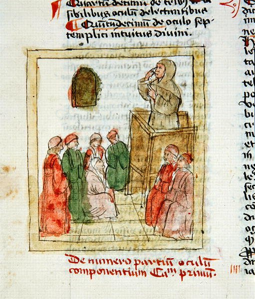 Ms 1733 lærer som instruerer elever (vellum) av French School