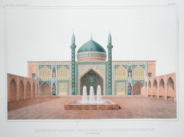 Den blå moskeen, Jerevan, Armenia (farge litho) av French School