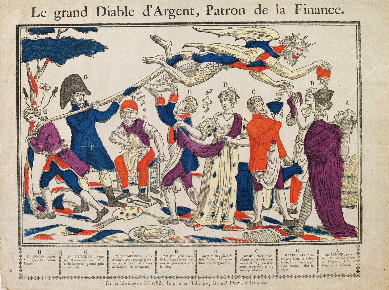 The Great Money Devil (farget gravering) av French School