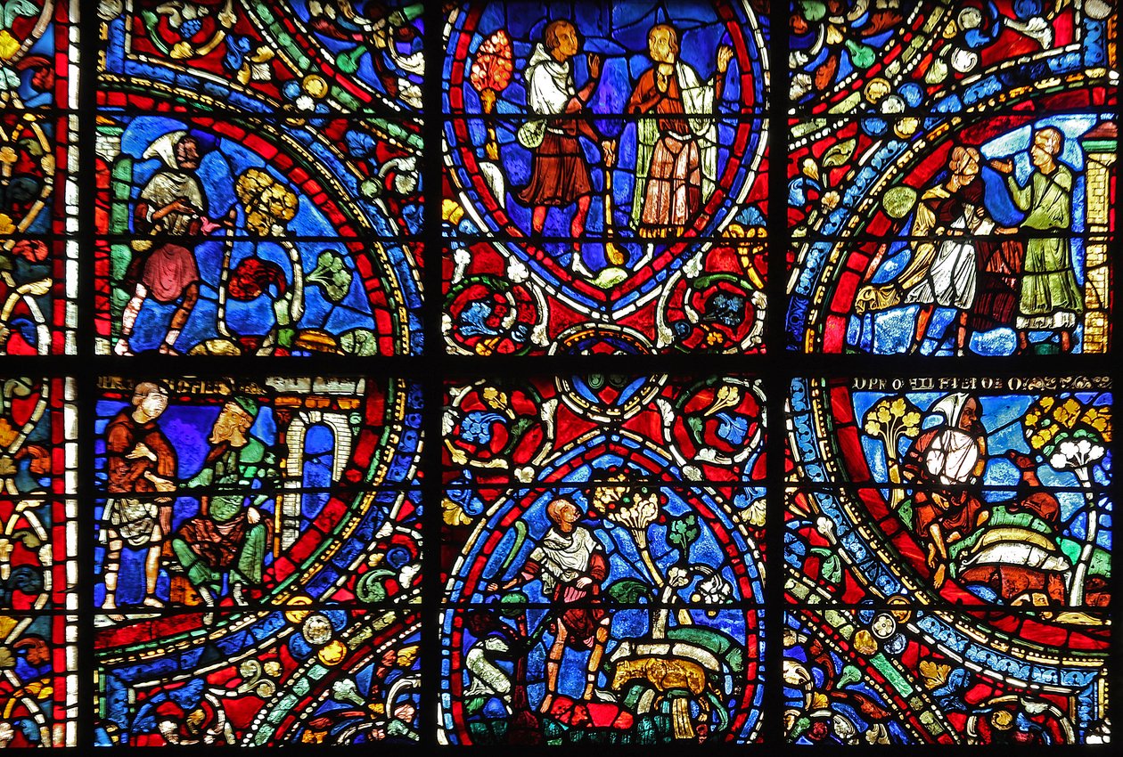 The Prodigal Son-vinduet: forskjellige scener (w35) av French School