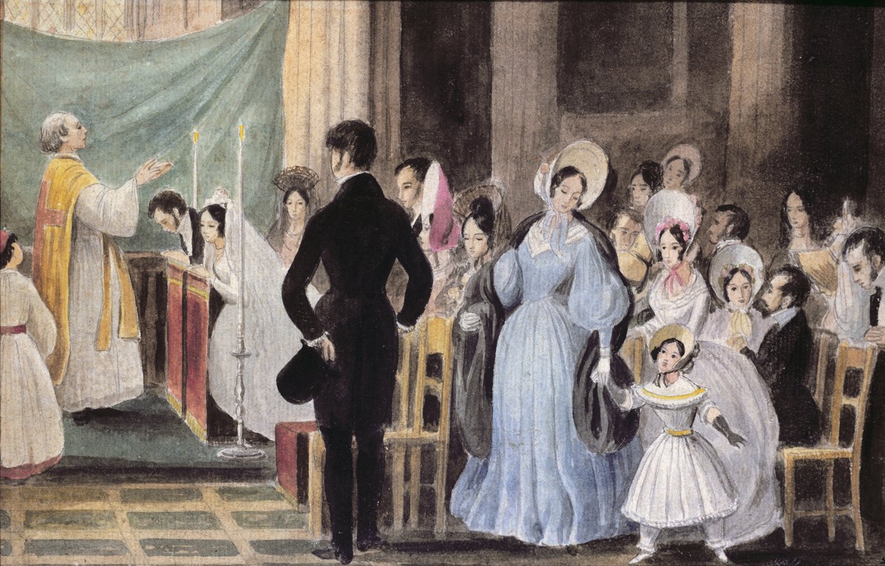 Bryllupsseremonien, ca. 1830 (wc på papir) av French School