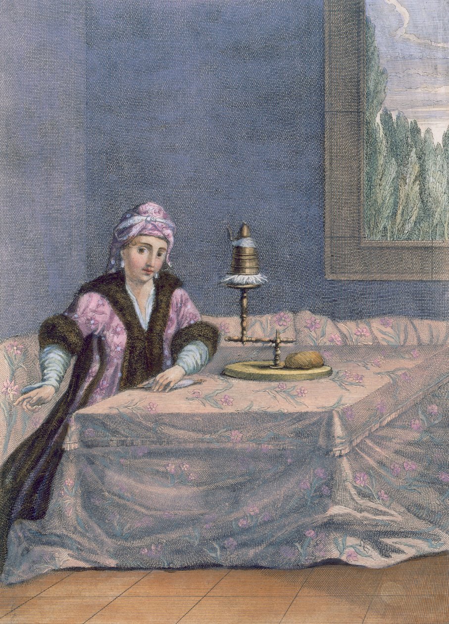 Tyrkisk kvinne som spinner tråd, ca. 1708 av French School