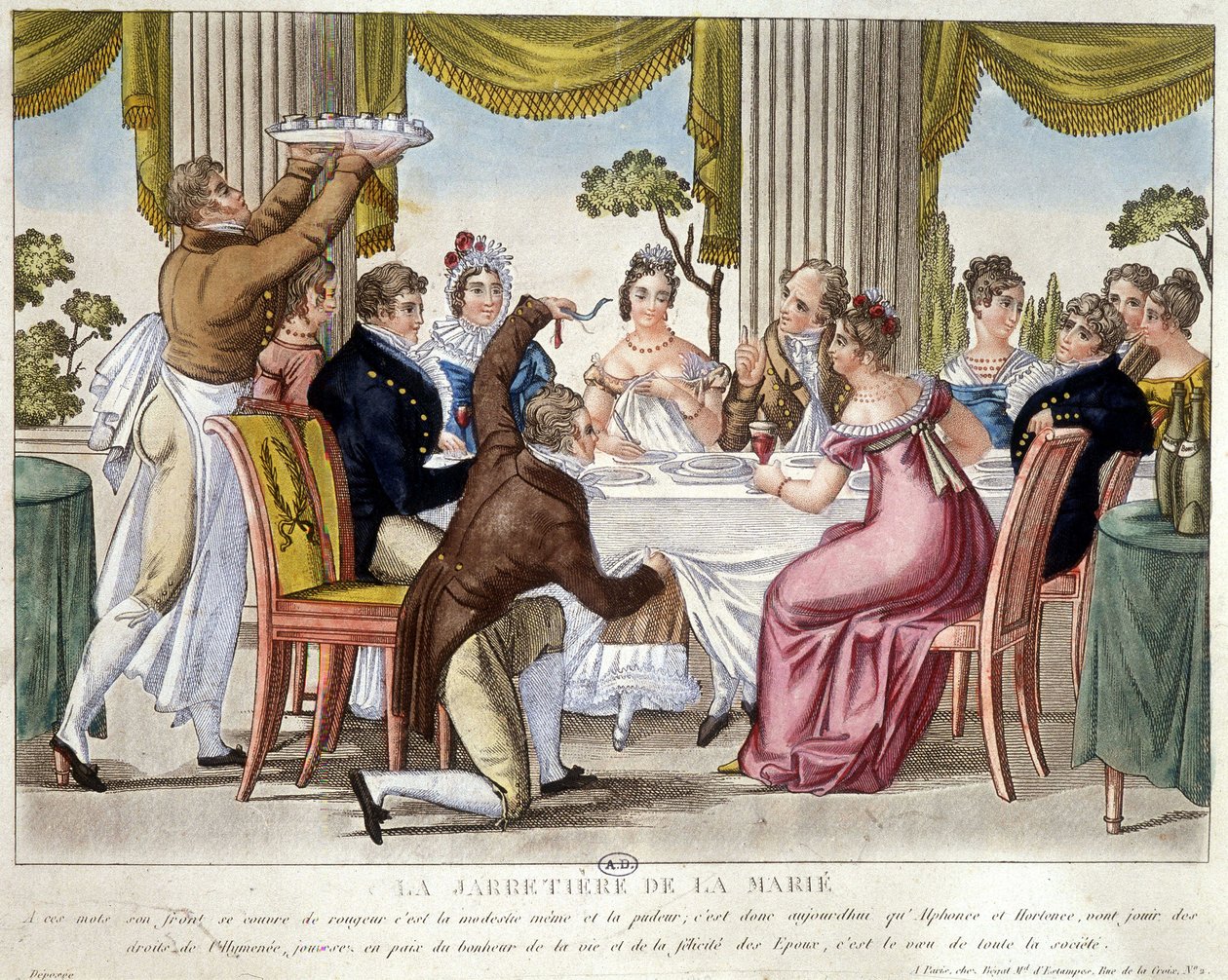 Bryllupsmåltid, strømpebåndsritual - ca. 1812. av French School