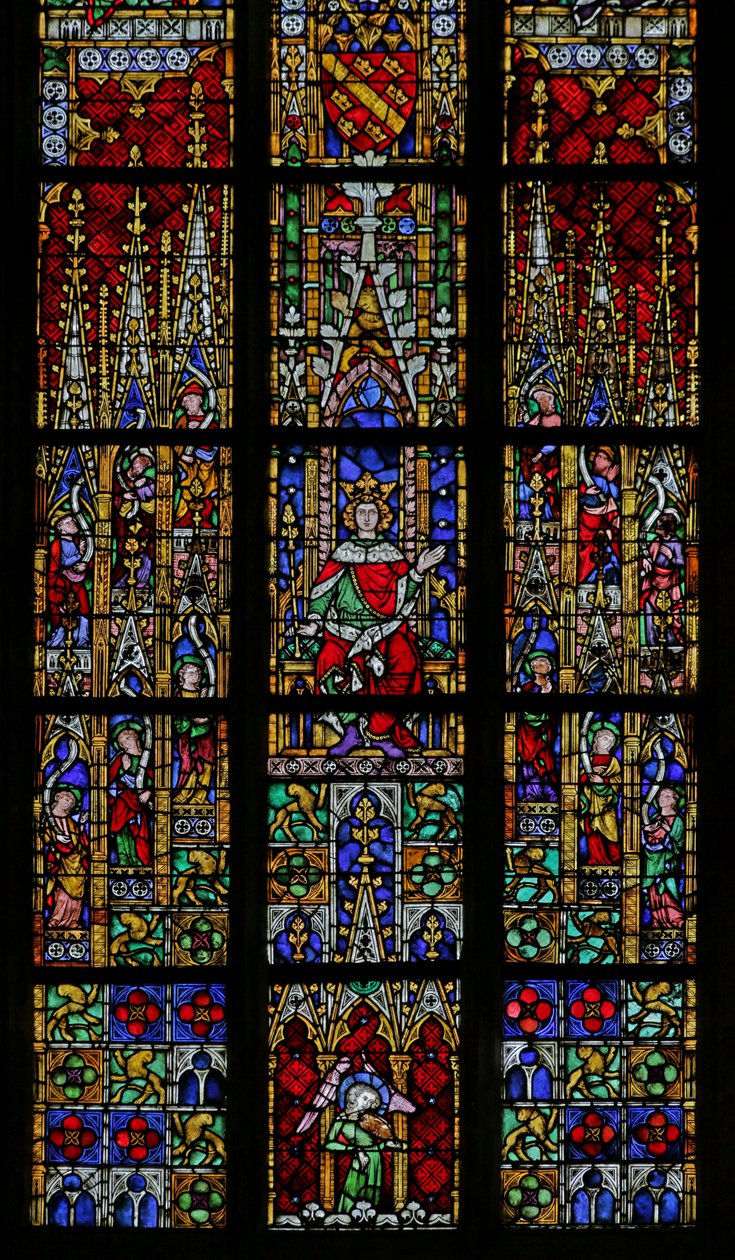 Vindu som viser kong Salomo tronet (farget glass) av French School