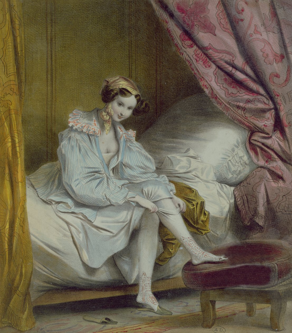 Kvinne som tar på seg strømper, ca. 1830 av French School
