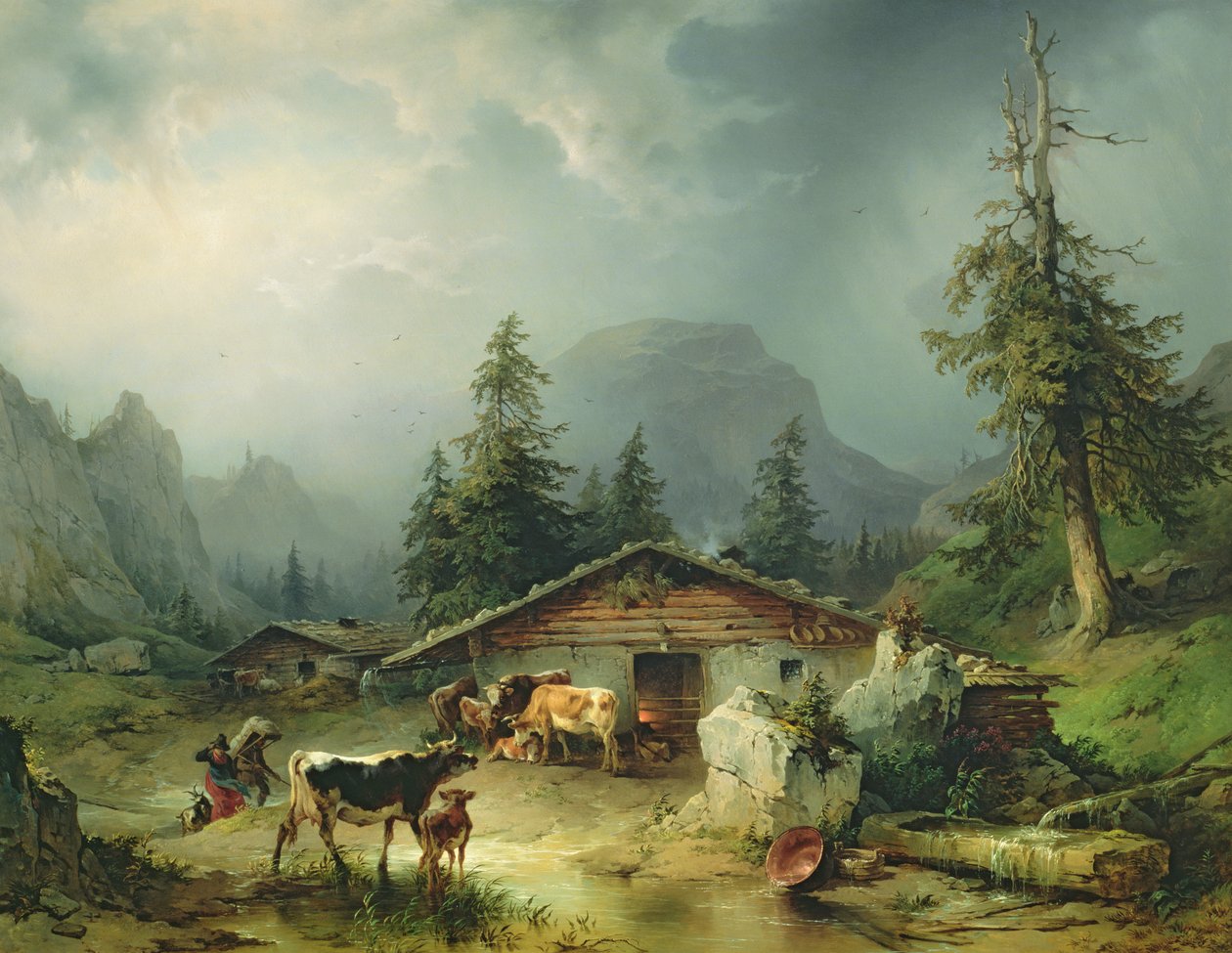 Alpehytte i regnvær, 1850 av Friedrich Gauermann