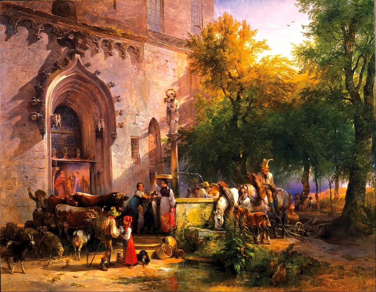 Tysk: nDeutsch: Am Klosterbrunnenn Ved klosterfontenen av Friedrich Gauermann